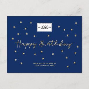 Add Logo Gold Stars Blue Business Happy Birthday Holiday Postcard