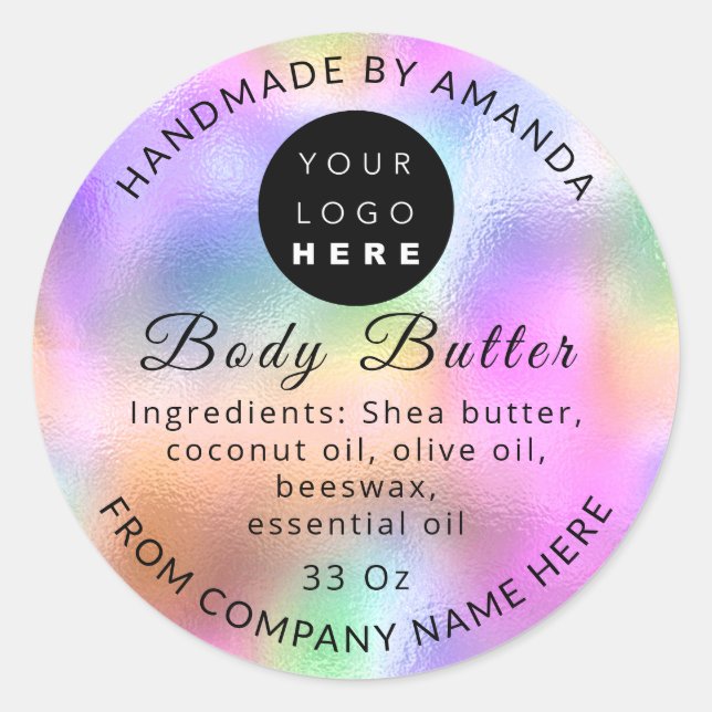 Add Logo Name Body Butter Cosmetics Holograph Pink Classic Round Sticker (Front)