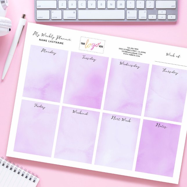  Add Logo Name Purple Watercolor Weekly Planner Notepad (Creator Uploaded)