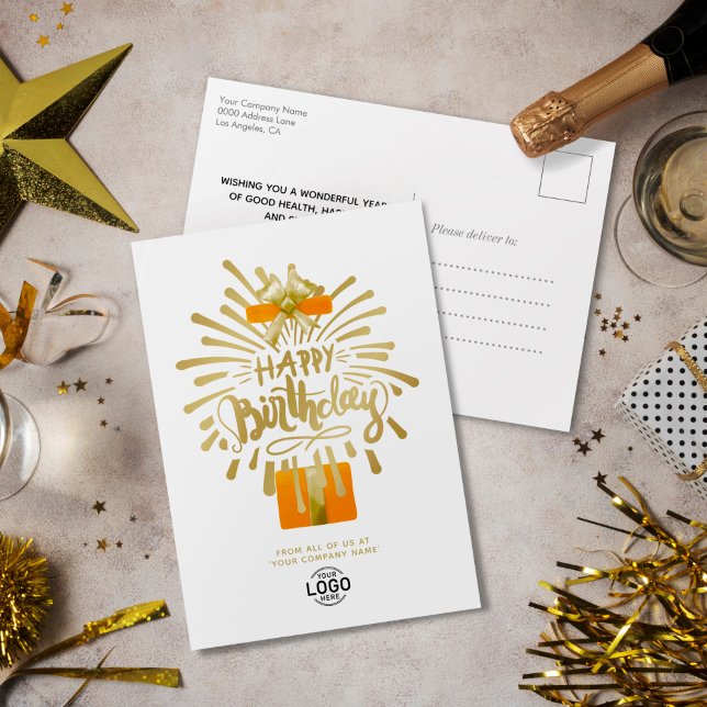 Add Logo Orange Gift Gold Fireworks Group Birthday Holiday Postcard (Creator Uploaded)