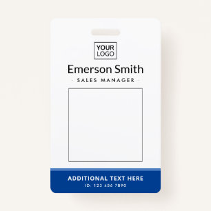 Add logo photo blue white employee name title id ID badge