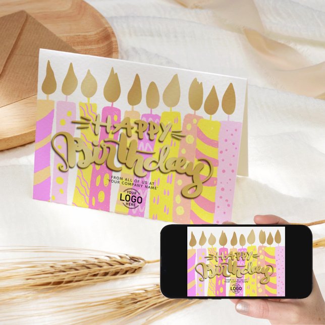 Add Logo Pink Yellow Candles Business Birthday Card (Creator Uploaded)