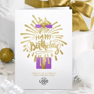 Add Logo Purple Gift Gold Fireworks Group Birthday Card