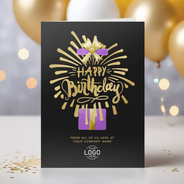 Add Logo Purple Gift Gold Fireworks Group Birthday Card (Creator Uploaded)