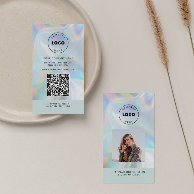 Add Logo QR Code Holographic Employee Photo Business Card (Add Business Logo QR Code and Photo Employees Holographic Business Card)