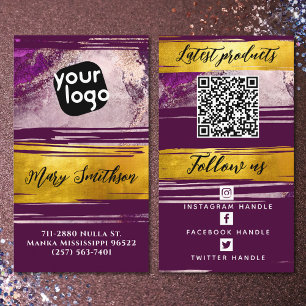 Add Logo & QR Code Modern Gold Purple Personalised Business Card