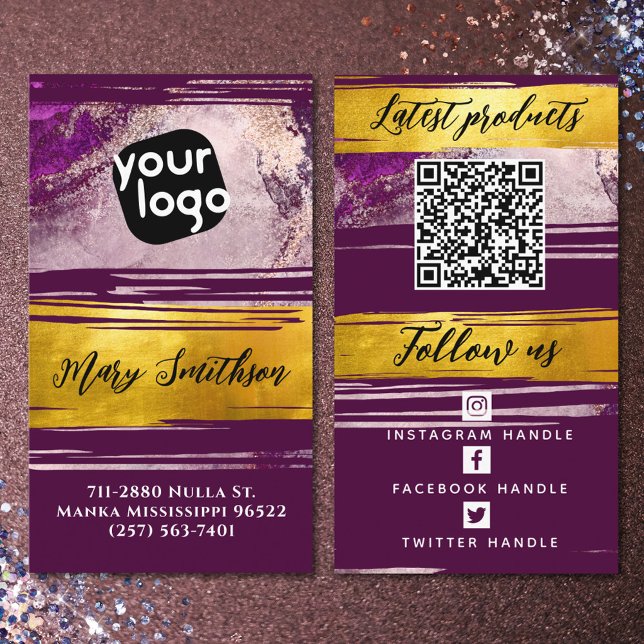 Add Logo & QR Code Modern Gold Purple Personalised Business Card (Creator Uploaded)