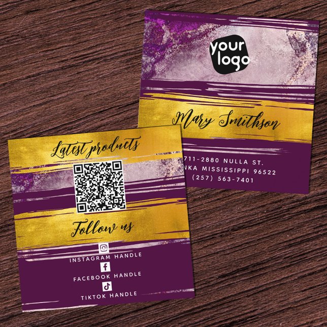 Add Logo & QR Code Modern Gold Purple Personalised Square Business Card (Creator Uploaded)