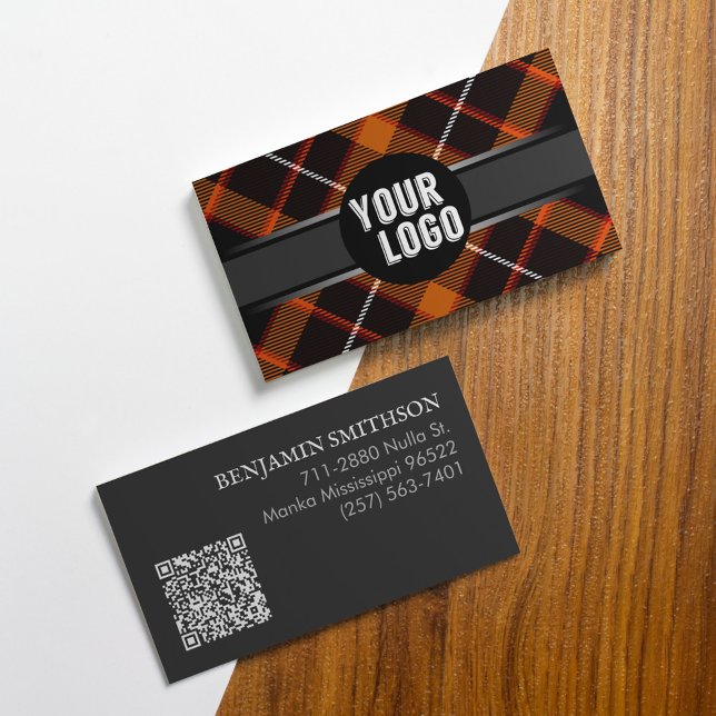 Add Logo, QR Code Orange Grey Plaid Modern Branded Business Card (Creator Uploaded)