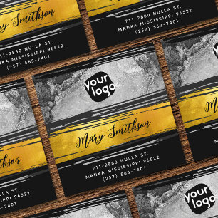 Add Logo, QR Code Social Media Gold Black Charcoal Square Business Card