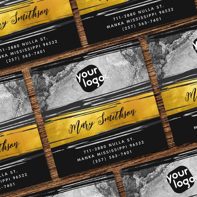 Add Logo, QR Code Social Media Gold Black Charcoal Square Business Card (Creator Uploaded)