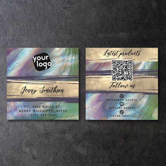 Add Logo QR Code Social Media Gold Mother of Pearl Square Business Card (Creator Uploaded)