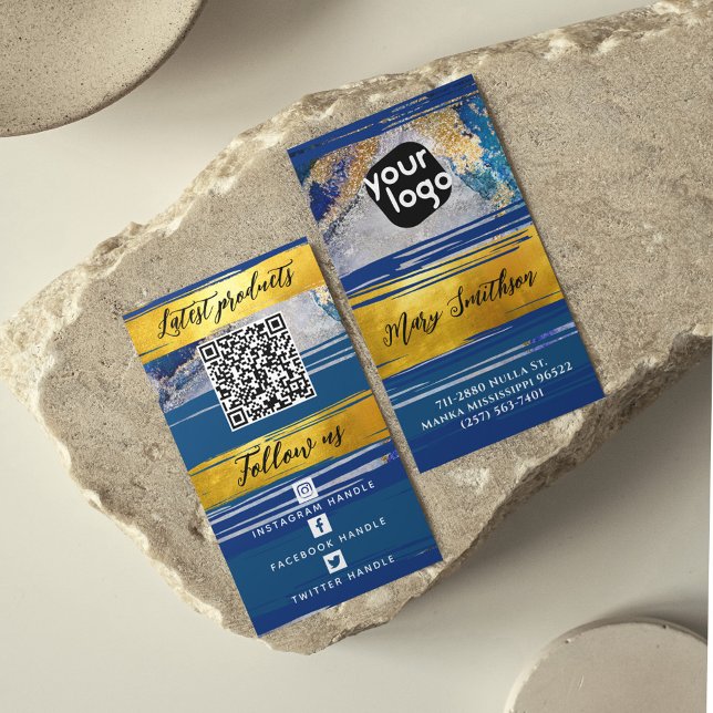     Add Logo QR Code & Social Media Gold Navy Blue Business Card (Creator Uploaded)
