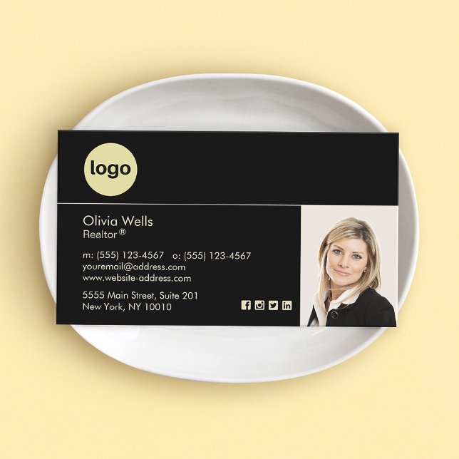 Add Logo Real Estate Agent Black Photo Business  Business Card (Creator Uploaded)