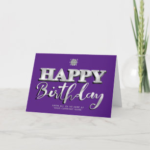 Add Logo Silver Lettering Purple Business Birthday Card