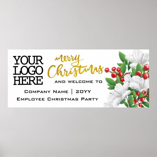 Add Logo Watercolor Floral | Gold Merry Christmas Poster (Front)