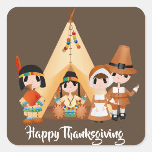 Add message Thanksgiving Pilgrim Indians Square Sticker