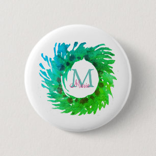 Add monogram pink green green Christmas wreath 6 Cm Round Badge