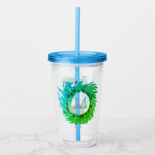 Add monogram pink green green Christmas wreath Acrylic Tumbler