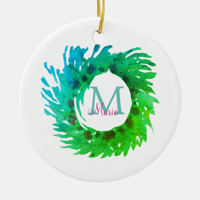 Add monogram pink green green Christmas wreath Ceramic Tree Decoration (Front)
