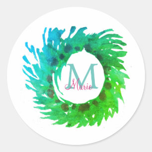 Add monogram pink green green Christmas wreath Classic Round Sticker
