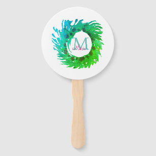 Add monogram pink green green Christmas wreath Hand Fan