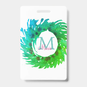 Add monogram pink green green Christmas wreath ID Badge