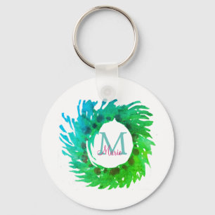Add monogram pink green green Christmas wreath Key Ring