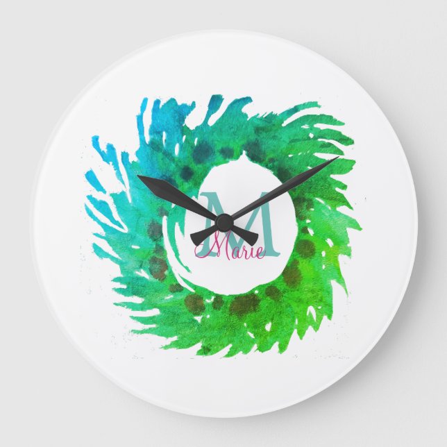 Add monogram pink green green Christmas wreath Large Clock (Front)