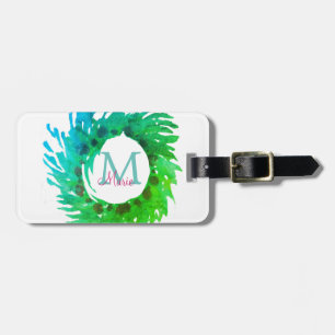 Add monogram pink green green Christmas wreath Luggage Tag