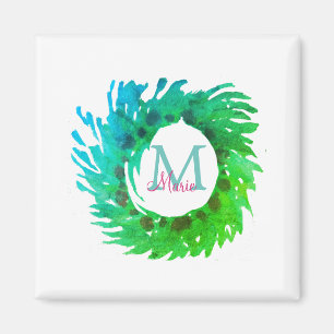 Add monogram pink green green Christmas wreath Magnet