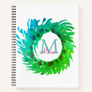 Add monogram pink green green Christmas wreath Notebook