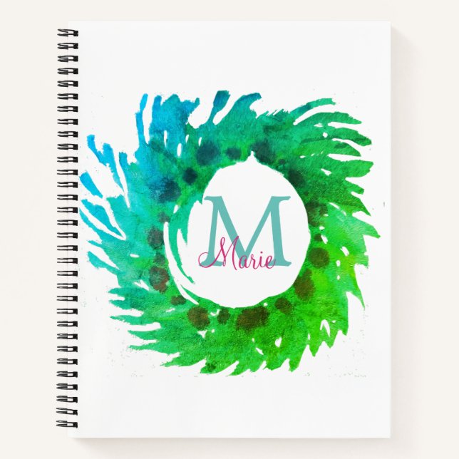 Add monogram pink green green Christmas wreath Notebook (Front)