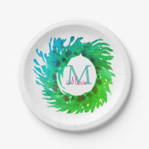 Add monogram pink green green Christmas wreath Paper Plate