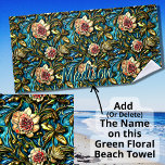 Add Name, 3D Pink Flowers Green Leaves on Blue Beach Towel<br><div class="desc">3D Pink Flowers Green Leaves on Blue- - see more great designs in my store.</div>
