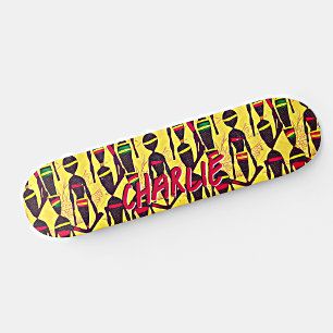 Add Name, Abstract African Figures on Yellow Skateboard