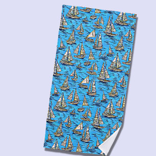 Add Name, Abstract Sailing Boats on Blue Seas Beach Towel