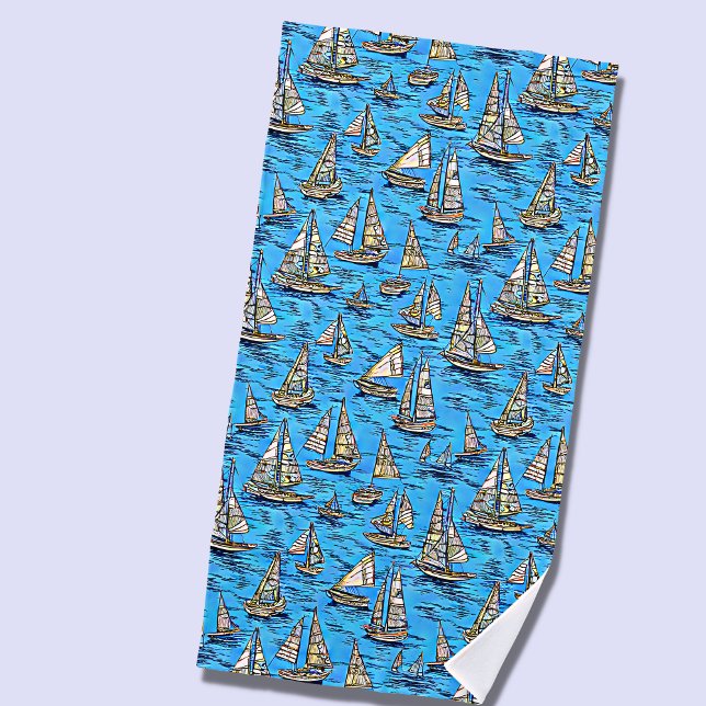 Add Name, Abstract Sailing Boats on Blue Seas Beach Towel (Creator Uploaded)