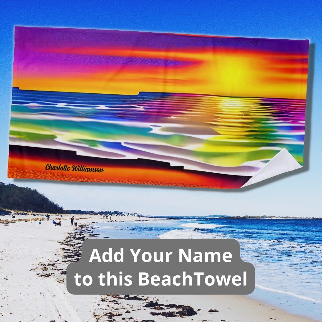 Add Name, Abstract Sunset Over the Ocean Beach Towel (Creator Uploaded)