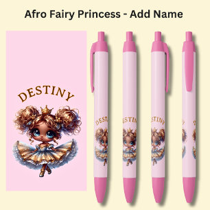 Add Name, Afro Fairy Princess Dancing on Pink Black Ink Pen