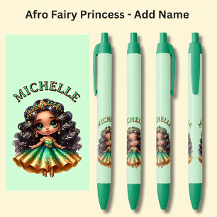 Add Name, Afro Fairy Princess with Jewels on Green Black Ink Pen