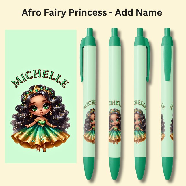 Add Name, Afro Fairy Princess with Jewels on Green Black Ink Pen (Creator Uploaded)