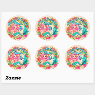 Add Name Age Pink Mermaid Blue Tail Birthday Party Classic Round Sticker