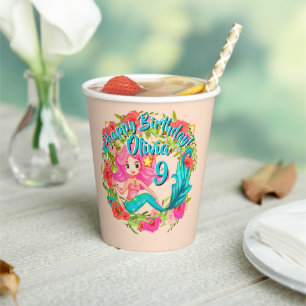 Add Name Age Pink Mermaid Blue Tail Birthday Party Paper Cups