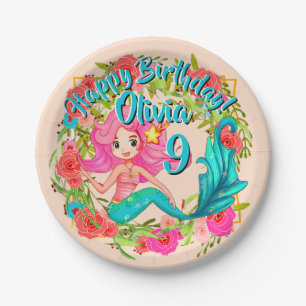 Add Name Age Pink Mermaid Blue Tail Birthday Party Paper Plate