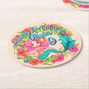 Add Name Age Pink Mermaid Blue Tail Birthday Party Round Paper Coaster