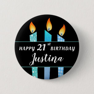 Add Name and Age Blue Candles Happy Birthday Gift 6 Cm Round Badge