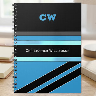 Add name and initials blue black office notebook