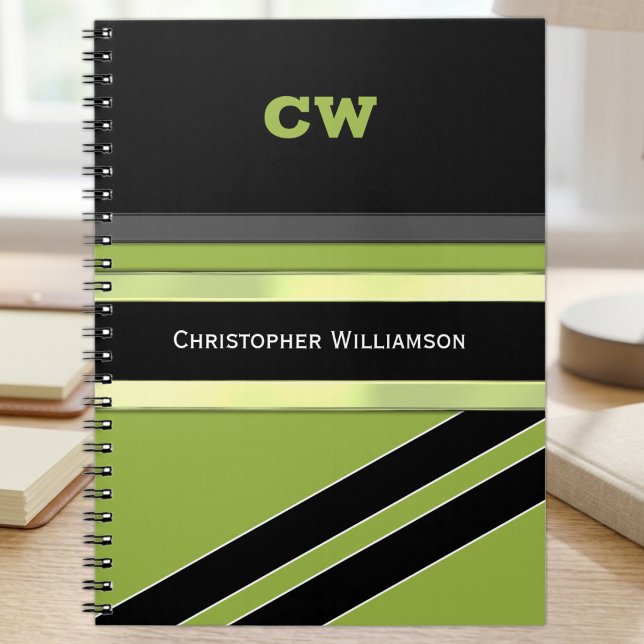 Add name and initials green black office notebook (Creator Uploaded)