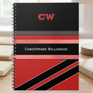 Add name and initials red black office notebook